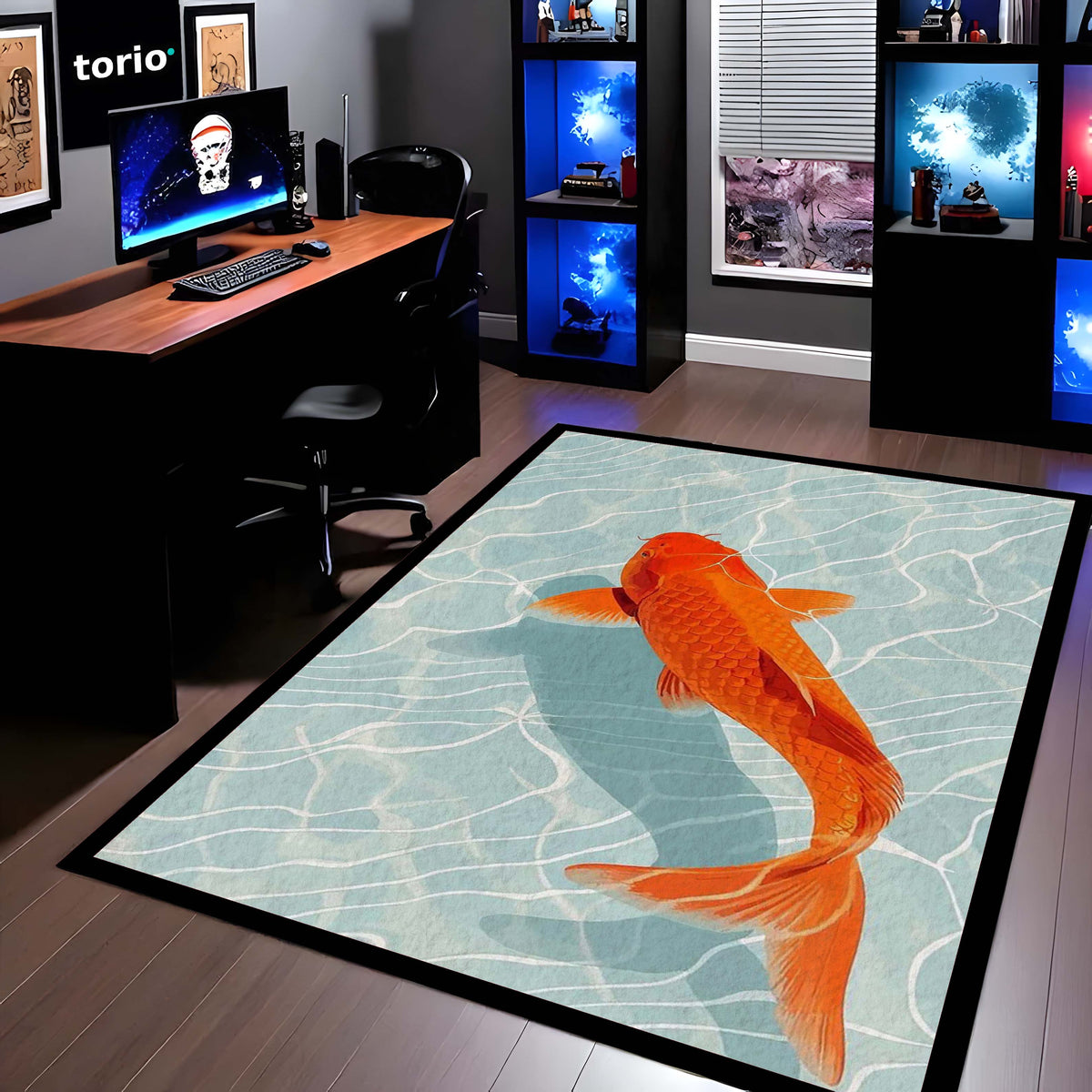 Japanese Koi Fish Area Flat Rug | Zen Orange Koi Pond Floor Mat | Aesthetic Nature Inspired Flat Rug | Minimalist Room Decor Carpet for Bedroom, Gaming Setup & Living Room