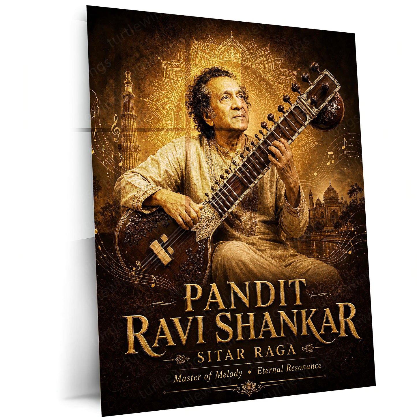 Pandit Ravi Shankar – Sitar Raga | Indian Classical Music Metal Frame | Timeless Maestro Wall Art by TurtleWings