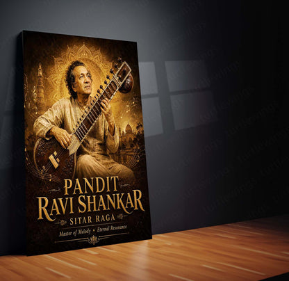 Pandit Ravi Shankar – Sitar Raga | Indian Classical Music Metal Frame | Timeless Maestro Wall Art by TurtleWings