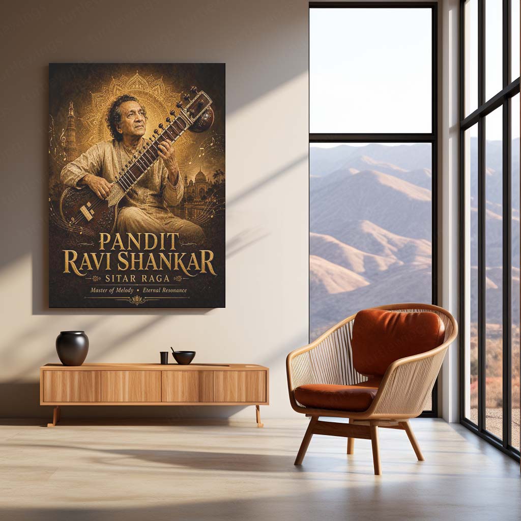Pandit Ravi Shankar – Sitar Raga | Indian Classical Music Metal Frame | Timeless Maestro Wall Art by TurtleWings