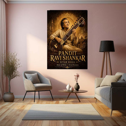Pandit Ravi Shankar – Sitar Raga | Indian Classical Music Metal Frame | Timeless Maestro Wall Art by TurtleWings
