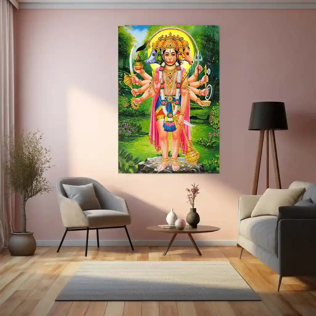 Spiritual God Metal Poster | Panchamukhi Hanuman Metal Poster | Divine Protection Wall Art | Spiritual Decor for Home - TURTLEWINGS