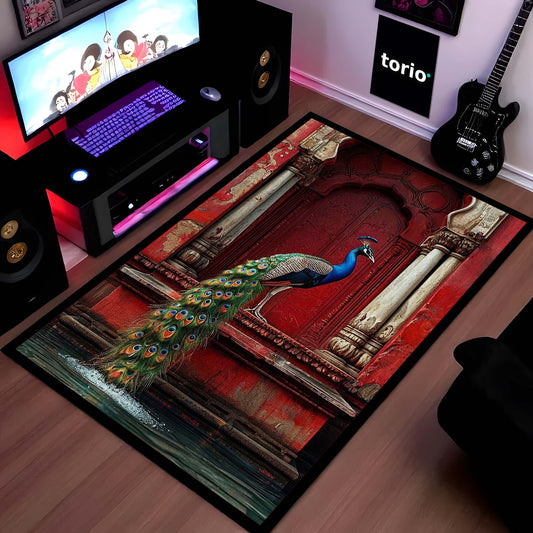 Majestic Royal Peacock Area Flat Rug | Indian Heritage Palace Floor Mat | Traditional Ethnic Decor Flat Rug | Torio Premium Carpet for Living Room, Bedroom & Office