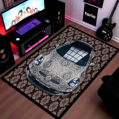 Porsche 911 Front View Floor Mat | Luxury Damask Persian Carpet Style Sports Car Flat Rug | Anti-Slip 3mm Absorbent Premium Car Design Mat
