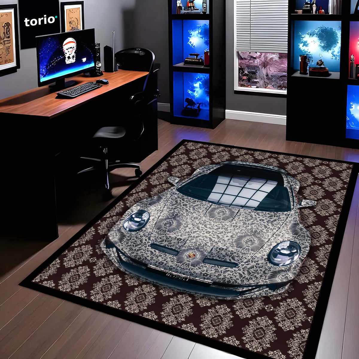 Porsche 911 Front View Floor Mat | Luxury Damask Persian Carpet Style Sports Car Flat Rug | Anti-Slip 3mm Absorbent Premium Car Design Mat
