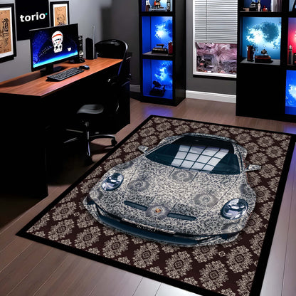Porsche 911 Front View Floor Mat | Luxury Damask Persian Carpet Style Sports Car Flat Rug | Anti-Slip 3mm Absorbent Premium Car Design Mat