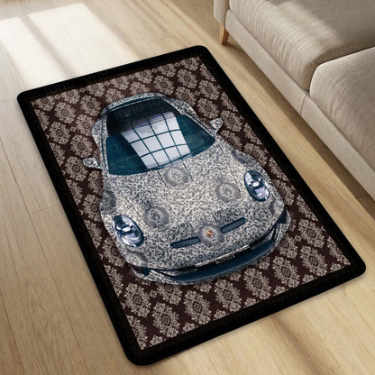 Porsche 911 Front View Floor Mat | Luxury Damask Persian Carpet Style Sports Car Flat Rug | Anti-Slip 3mm Absorbent Premium Car Design Mat