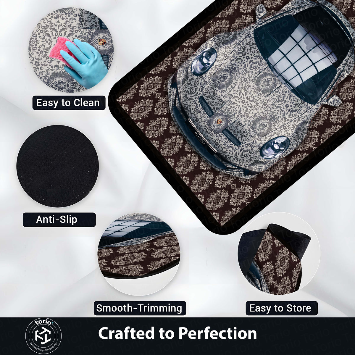 Porsche 911 Front View Floor Mat | Luxury Damask Persian Carpet Style Sports Car Flat Rug | Anti-Slip 3mm Absorbent Premium Car Design Mat