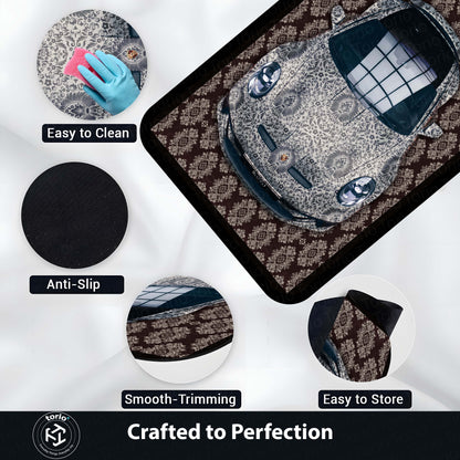 Porsche 911 Front View Floor Mat | Luxury Damask Persian Carpet Style Sports Car Flat Rug | Anti-Slip 3mm Absorbent Premium Car Design Mat