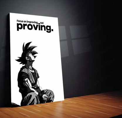Anime Metal Poster | Goku – Improving Not Proving Metal Poster Anime Motivation Wall Art | Self Growth Mindset Metal Frame