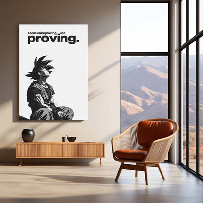 Anime Metal Poster | Goku – Improving Not Proving Metal Poster Anime Motivation Wall Art | Self Growth Mindset Metal Frame