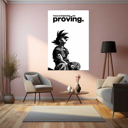 Anime Metal Poster | Goku – Improving Not Proving Metal Poster Anime Motivation Wall Art | Self Growth Mindset Metal Frame