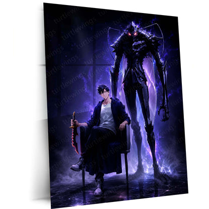Anime Metal Poster | Sung Jin-Woo – Shadow Monarch Metal Poster Solo Leveling Inspired Wall Art | Dark Power Anime Metal Frame