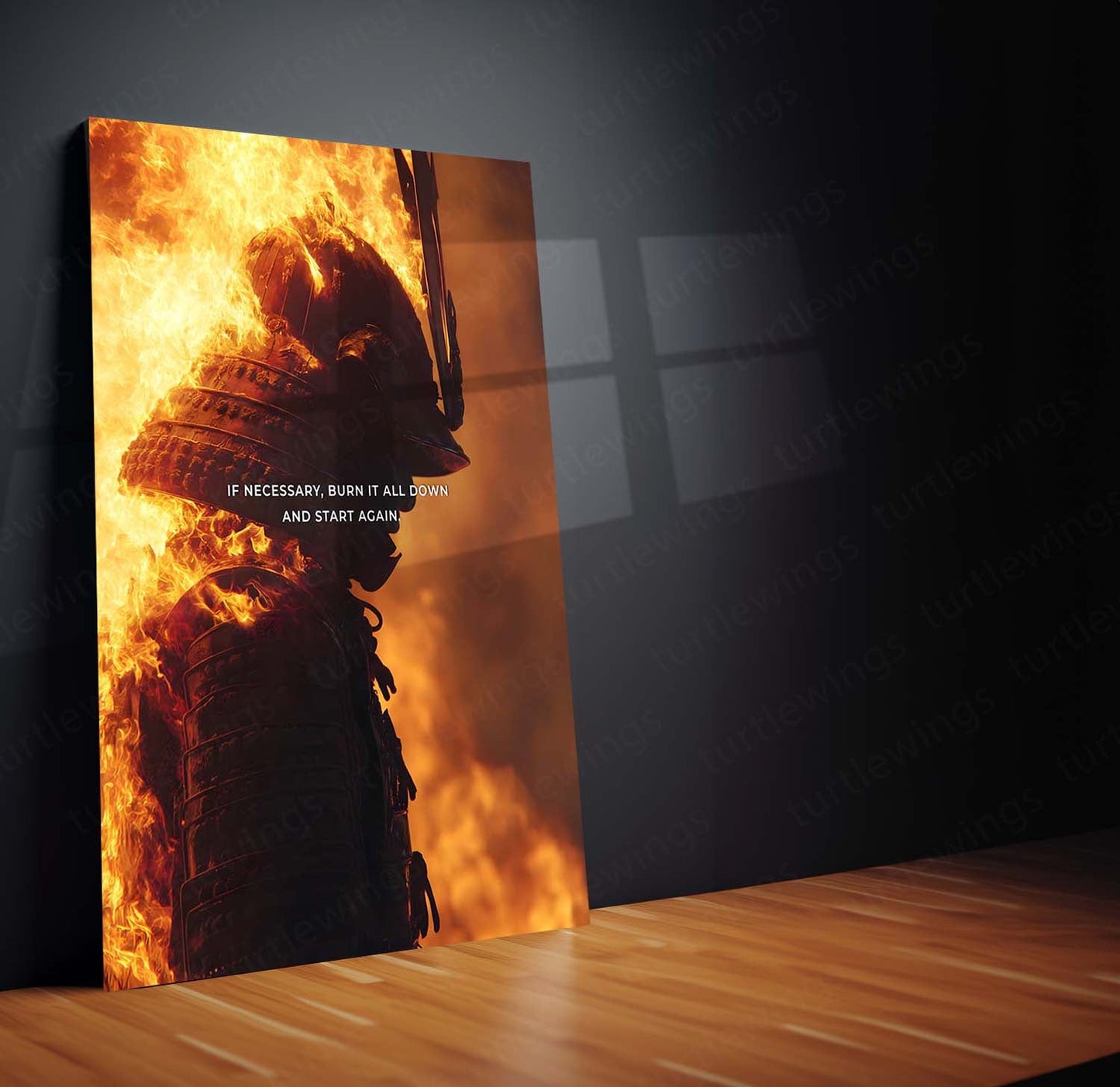 Quote Metal Poster | Burn It All Down Samurai Metal Print | Motivational Warrior Wall Art | Premium Fire Samurai Poster