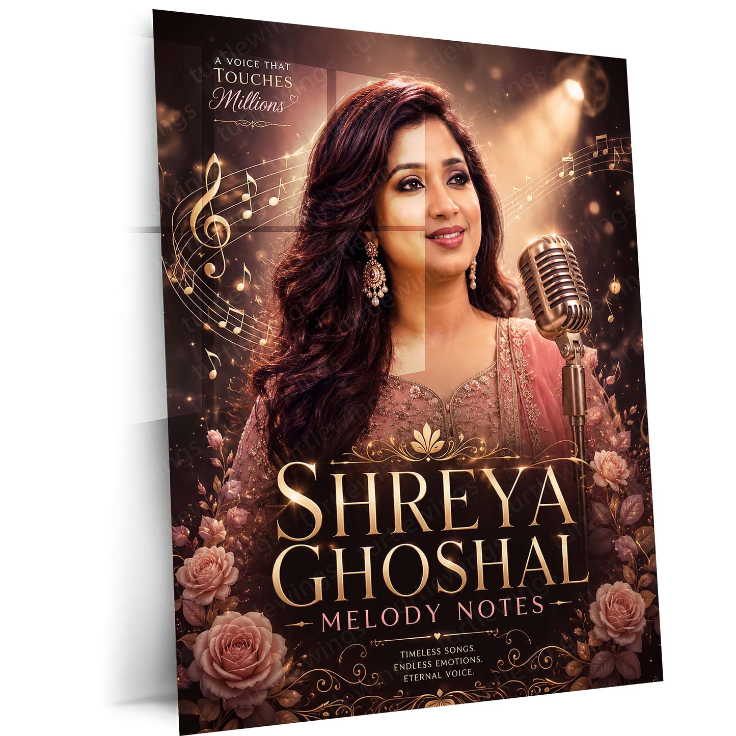Shreya Ghoshal – Melody Notes | Timeless Voice Music Metal Frame | Elegant Bollywood Singer Wall Art by TurtleWings