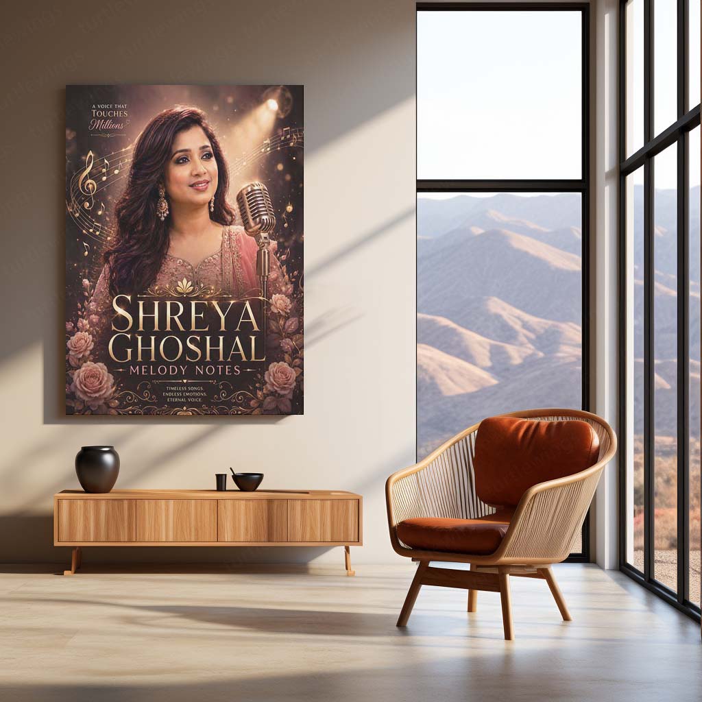 Shreya Ghoshal – Melody Notes | Timeless Voice Music Metal Frame | Elegant Bollywood Singer Wall Art by TurtleWings