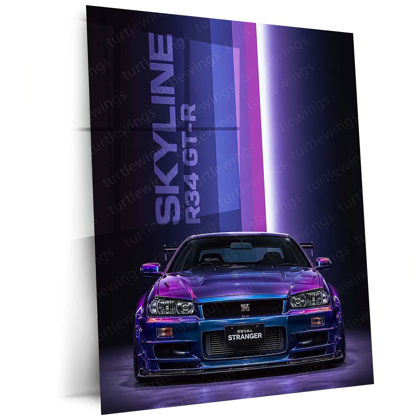 Car Metal Poster | Nissan Skyline R34 GT-R Neon Metal Poster | JDM Supercar Wall Art | Premium Aluminum Print