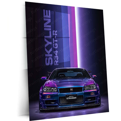 Car Metal Poster | Nissan Skyline R34 GT-R Neon Metal Poster | JDM Supercar Wall Art | Premium Aluminum Print