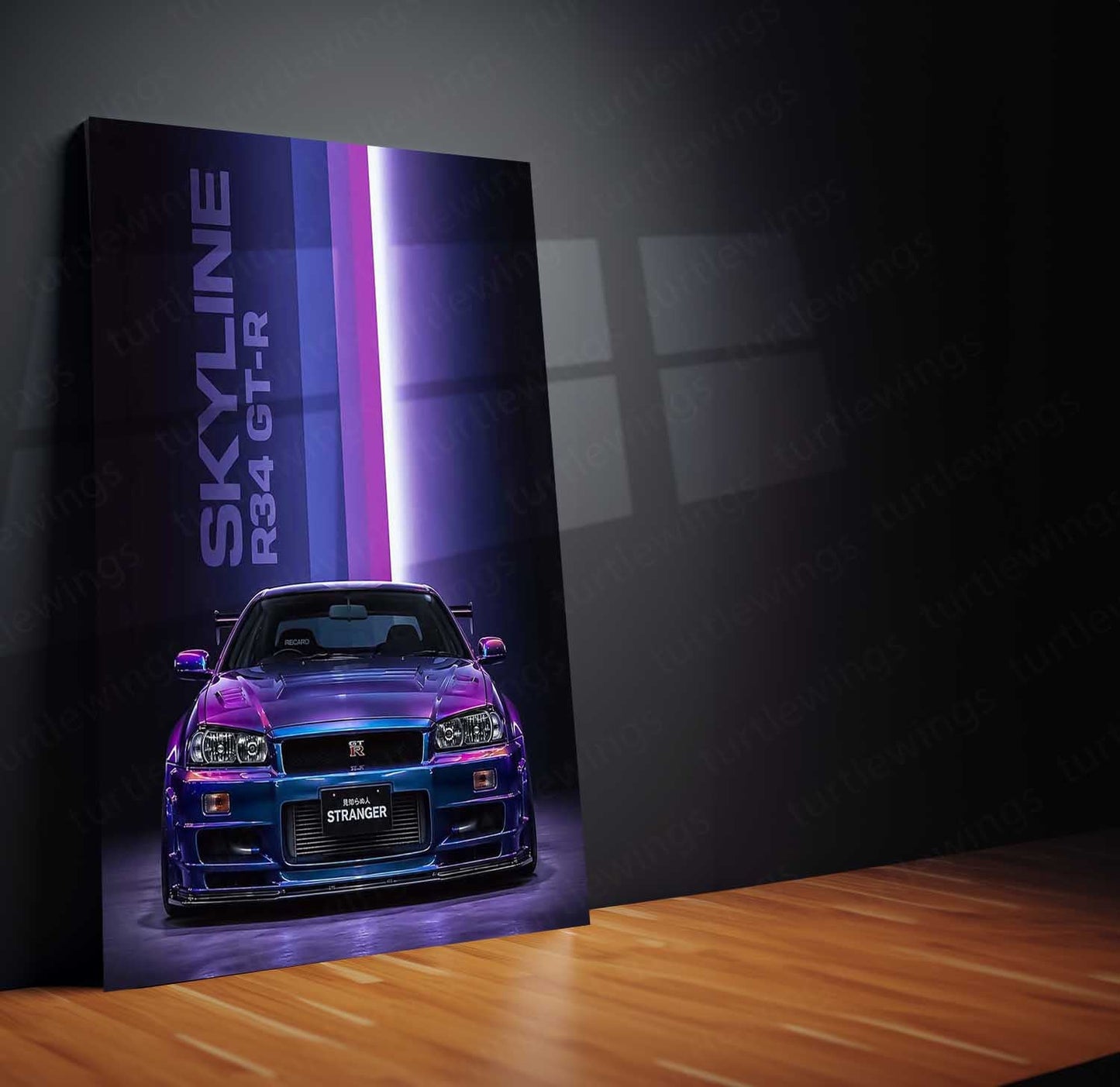 Car Metal Poster | Nissan Skyline R34 GT-R Neon Metal Poster | JDM Supercar Wall Art | Premium Aluminum Print