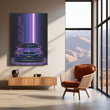 Car Metal Poster | Nissan Skyline R34 GT-R Neon Metal Poster | JDM Supercar Wall Art | Premium Aluminum Print