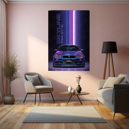 Car Metal Poster | Nissan Skyline R34 GT-R Neon Metal Poster | JDM Supercar Wall Art | Premium Aluminum Print
