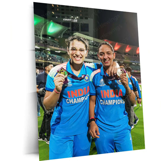 Smriti Mandhana & Harmanpreet Kaur – ICC Women’s World Cup 2025 Champions Medal Moment | India Women’s Cricket Team Metal Frame Poster - TURTLEWINGS