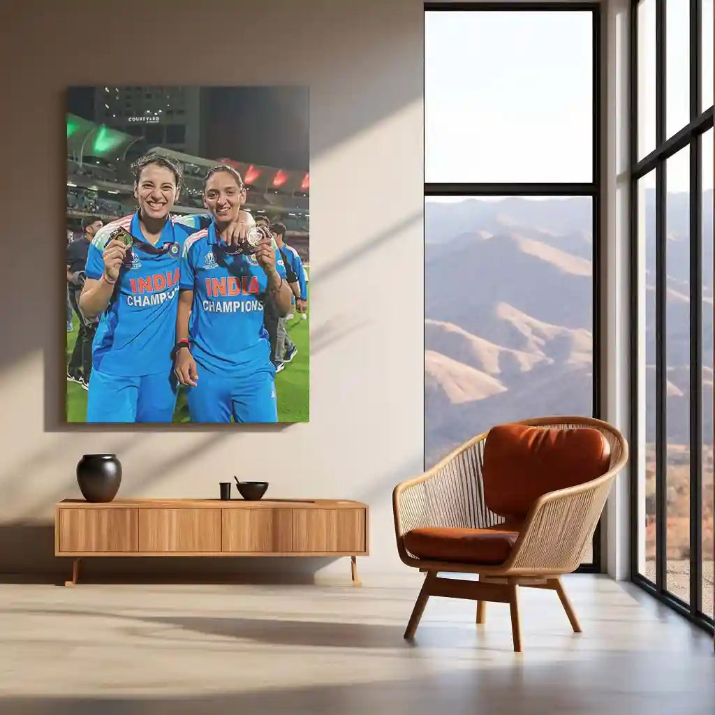 Smriti Mandhana & Harmanpreet Kaur – ICC Women’s World Cup 2025 Champions Medal Moment | India Women’s Cricket Team Metal Frame Poster - TURTLEWINGS