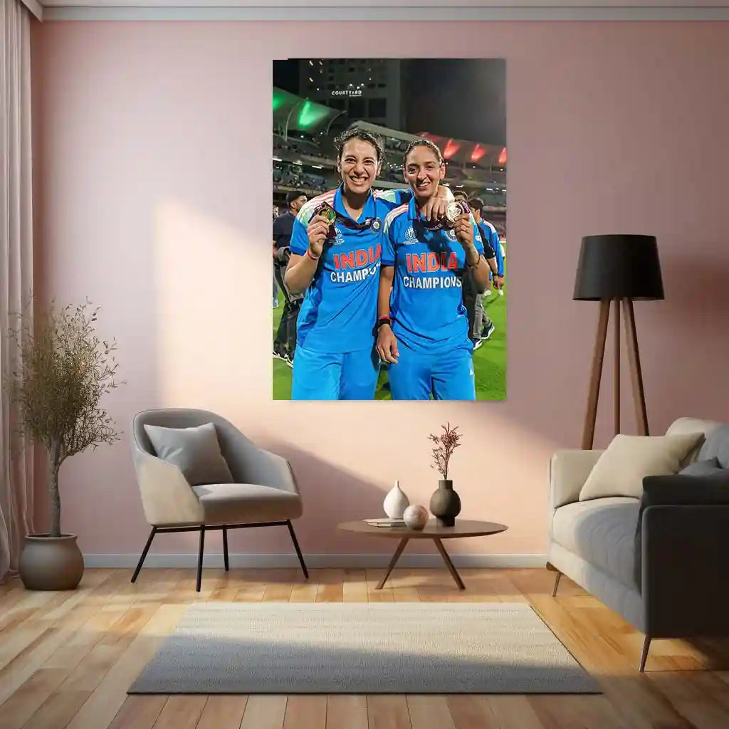 Smriti Mandhana & Harmanpreet Kaur – ICC Women’s World Cup 2025 Champions Medal Moment | India Women’s Cricket Team Metal Frame Poster - TURTLEWINGS
