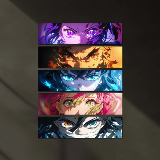 Demon Slayer Hashira Split Panel Metal Poster Set (5 Pieces – 400x100 mm Each) | Anime Wall Art | Multi-Character Split Design Decor - TURTLEWINGS