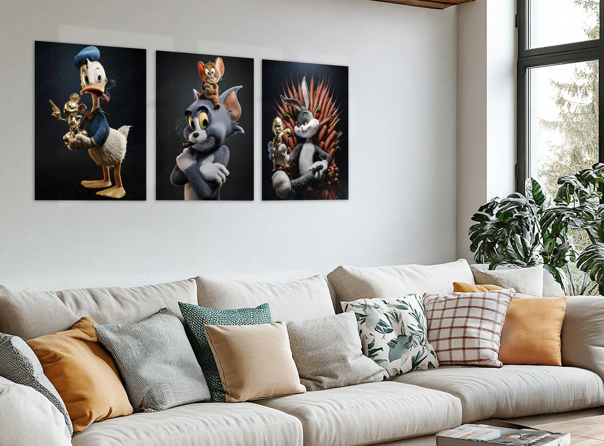 Golden Icons – Tom & Jerry × Donald Duck × Bugs Bunny Metal Poster Set of 3 | Classic Cartoon Legends | Luxury Pop Art Frames - TURTLEWINGS