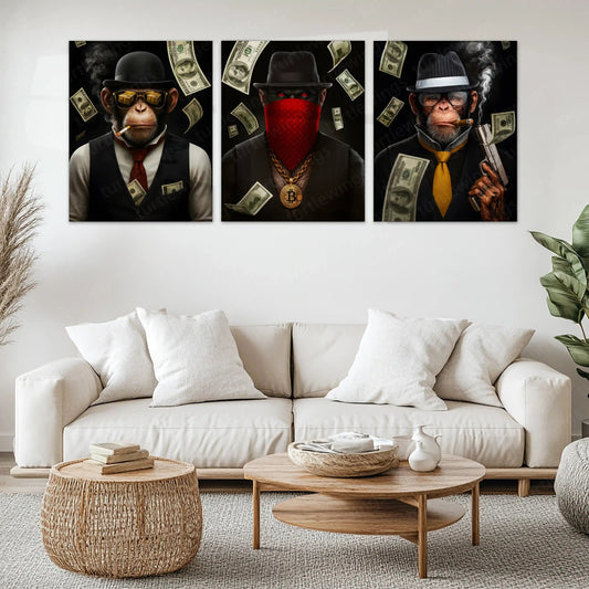 Bitcoin Brothers – Elite Hustler Monkey Metal Poster Set of 3 | Crypto King Wall Art | Luxury Money Décor Frames - TURTLEWINGS