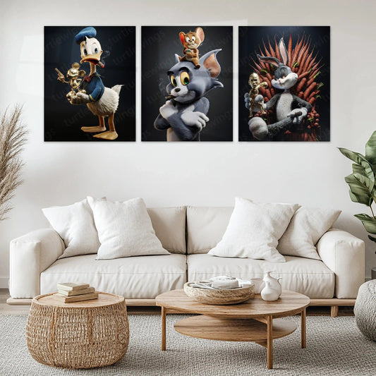 Golden Icons – Tom & Jerry × Donald Duck × Bugs Bunny Metal Poster Set of 3 | Classic Cartoon Legends | Luxury Pop Art Frames - TURTLEWINGS