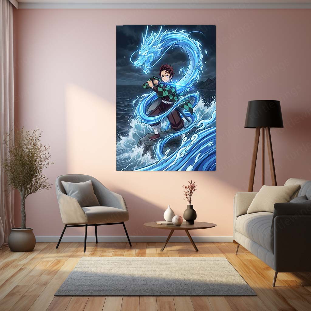 Anime Metal Poster | Tanjiro Kamado Water Dragon Metal Poster | Demon Slayer Anime Wall Art | Premium Aluminum Print