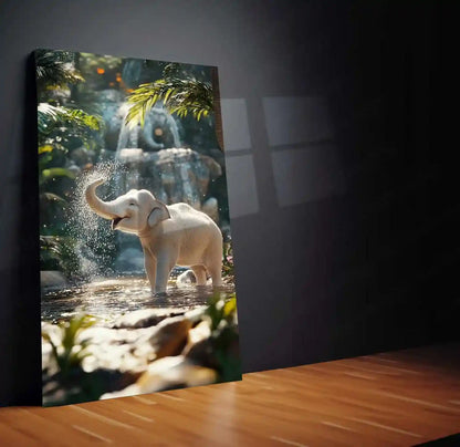 White Elephant Sprinkling Water Metal Poster | Aesthetic Nature-Inspired Wall Art | Symbol of Peace & Purity - TURTLEWINGS