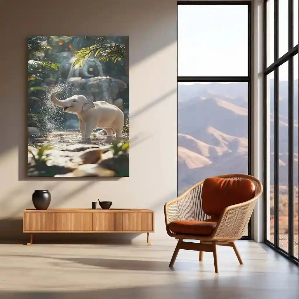 White Elephant Sprinkling Water Metal Poster | Aesthetic Nature-Inspired Wall Art | Symbol of Peace & Purity - TURTLEWINGS