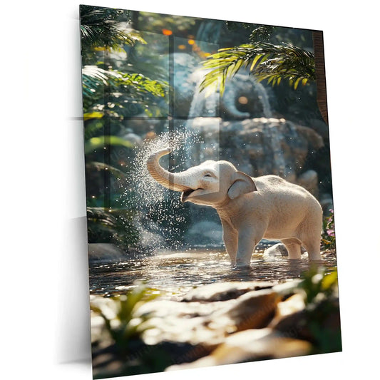 White Elephant Sprinkling Water Metal Poster | Aesthetic Nature-Inspired Wall Art | Symbol of Peace & Purity - TURTLEWINGS