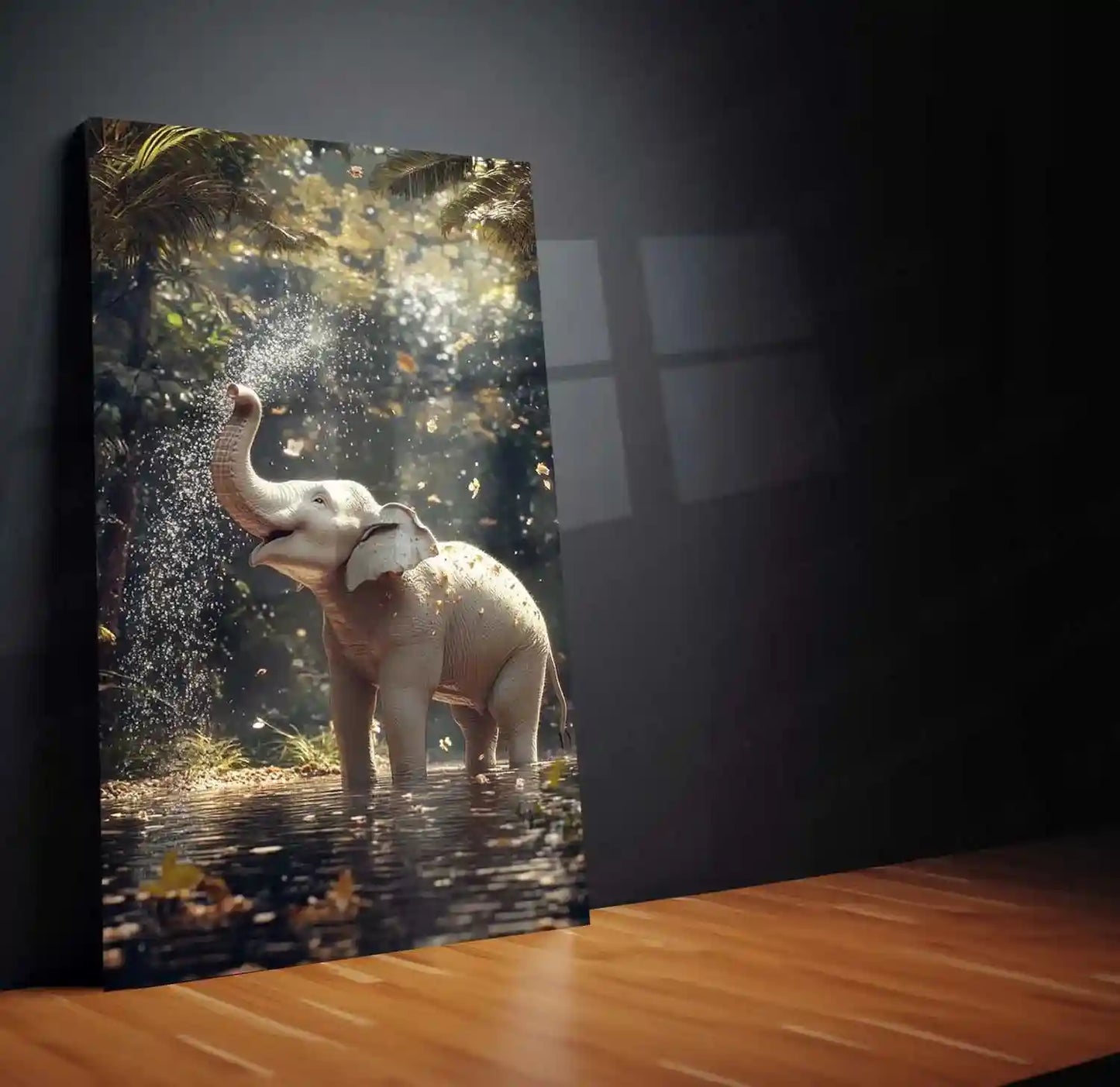 White Elephant Sprinkling Water Metal Poster | Aesthetic Nature-Inspired Wall Art | Symbol of Peace & Purity 01 - TURTLEWINGS