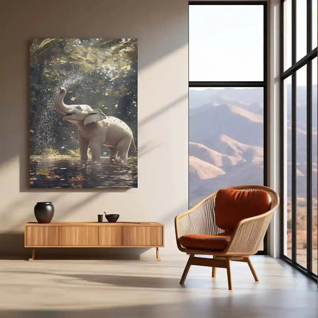 White Elephant Sprinkling Water Metal Poster | Aesthetic Nature-Inspired Wall Art | Symbol of Peace & Purity 01 - TURTLEWINGS