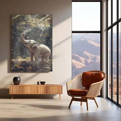 White Elephant Sprinkling Water Metal Poster | Aesthetic Nature-Inspired Wall Art | Symbol of Peace & Purity 01 - TURTLEWINGS