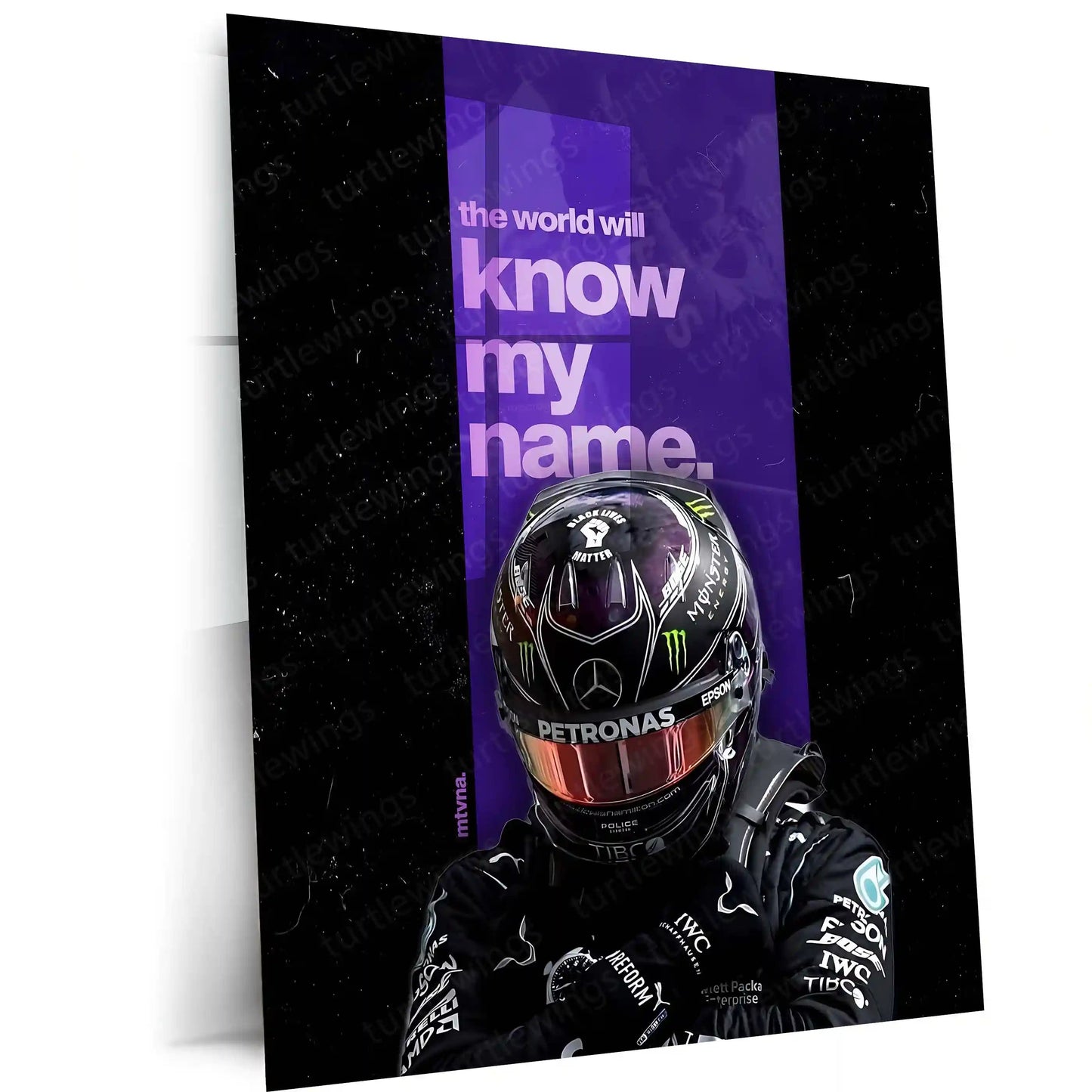 Quote Metal Poster | Lewis Hamilton – The World Will Know My Name Metal Frame Legacy Mindset & Relentless Drive Quote Wall Art | Formula 1 Iconic Motivation Metal Poster - TURTLEWINGS