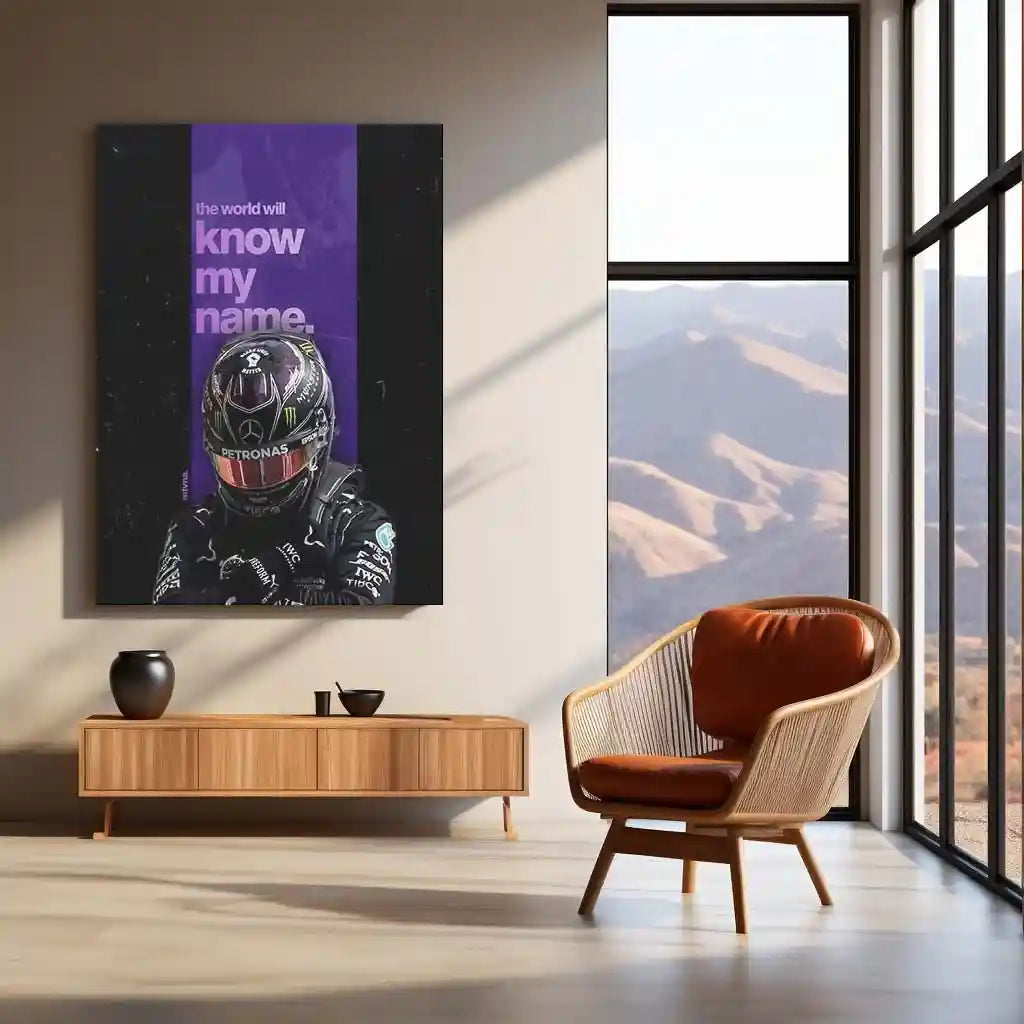 Quote Metal Poster | Lewis Hamilton – The World Will Know My Name Metal Frame Legacy Mindset & Relentless Drive Quote Wall Art | Formula 1 Iconic Motivation Metal Poster - TURTLEWINGS