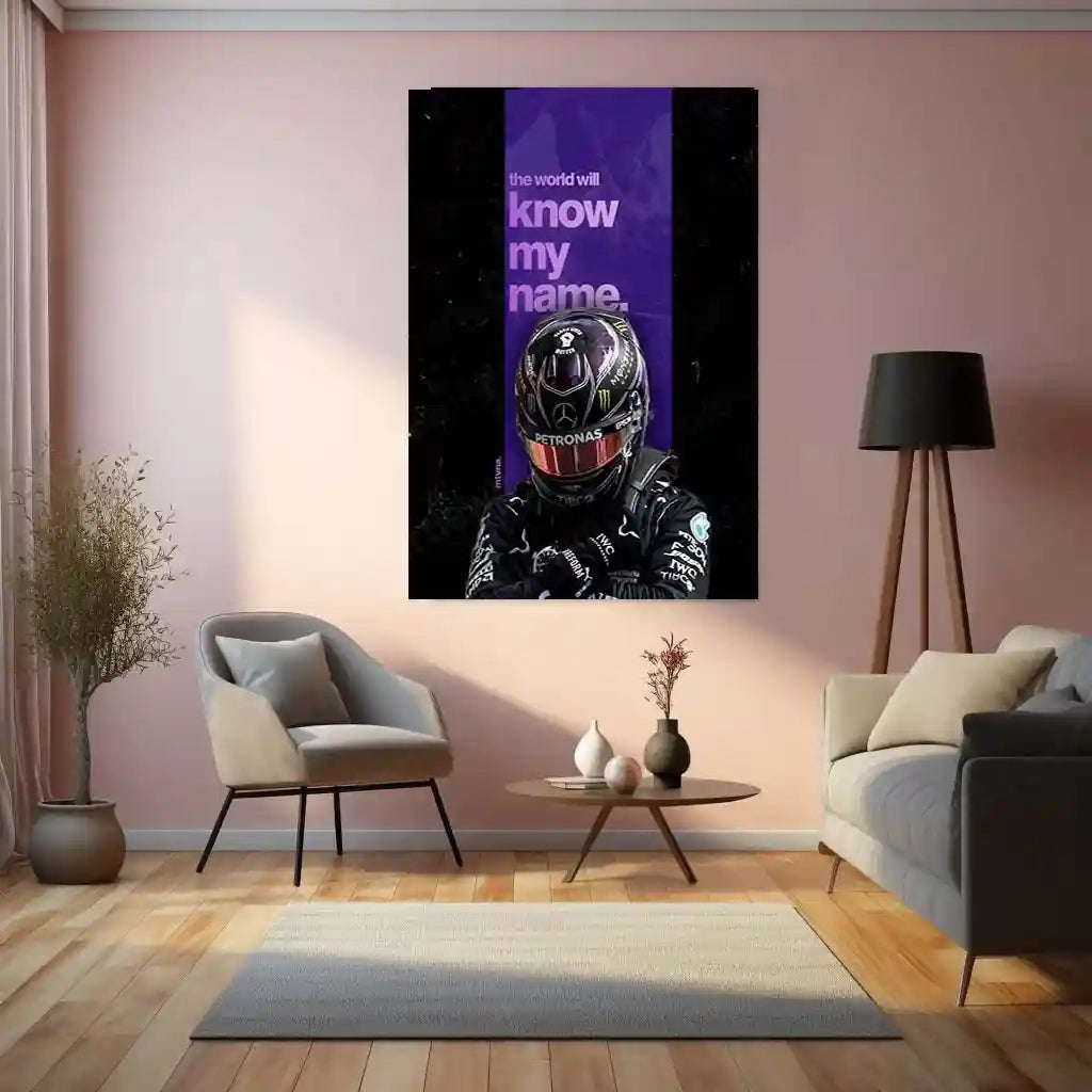 Quote Metal Poster | Lewis Hamilton – The World Will Know My Name Metal Frame Legacy Mindset & Relentless Drive Quote Wall Art | Formula 1 Iconic Motivation Metal Poster - TURTLEWINGS