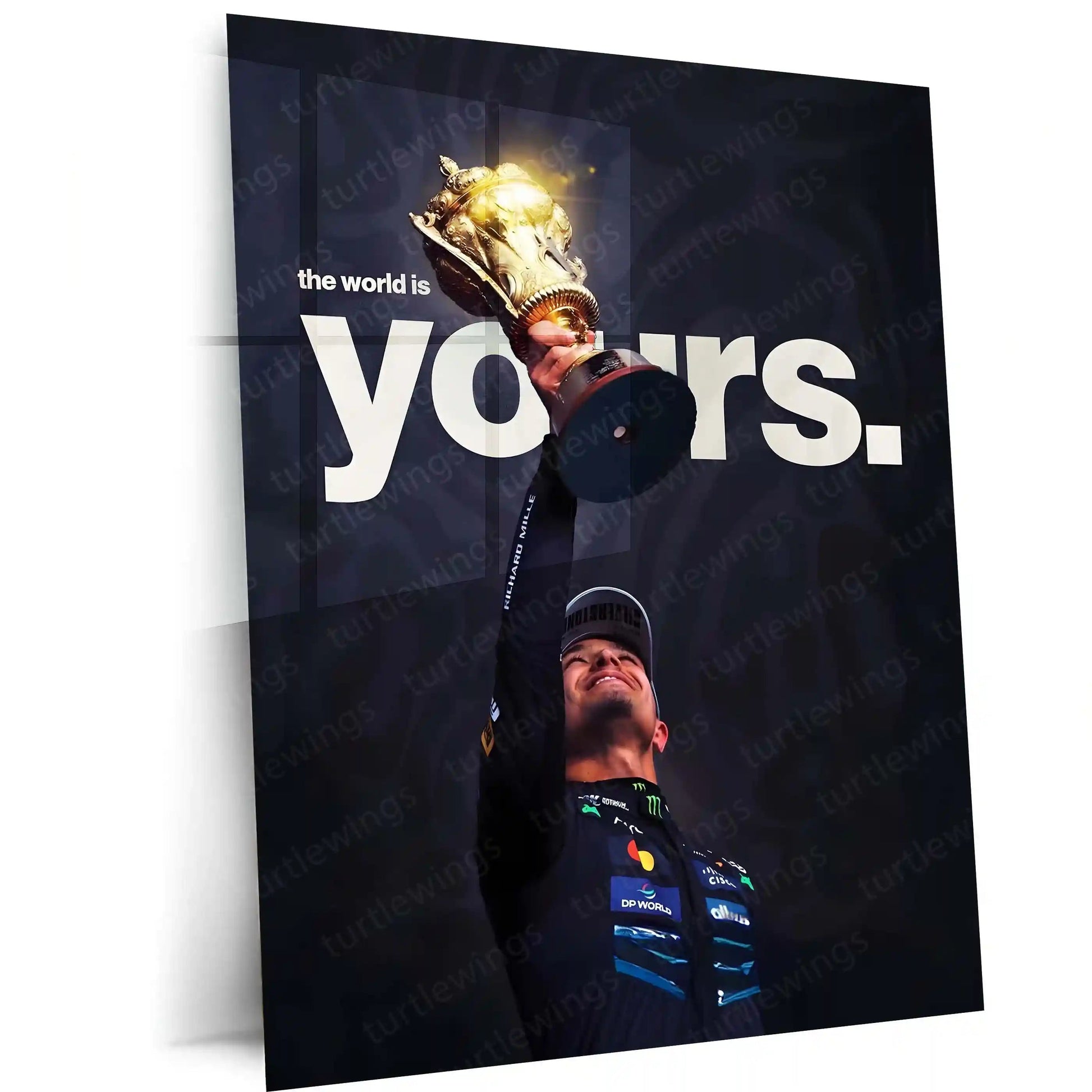 Quote Metal Poster | Lando Norris – The World Is Yours Metal Frame Victory Mindset & Next-Gen Champion Energy Wall Art | Formula 1 Triumph Metal Poster - TURTLEWINGS
