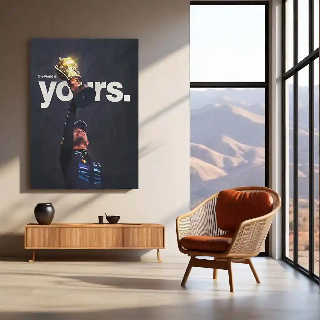 Quote Metal Poster | Lando Norris – The World Is Yours Metal Frame Victory Mindset & Next-Gen Champion Energy Wall Art | Formula 1 Triumph Metal Poster - TURTLEWINGS