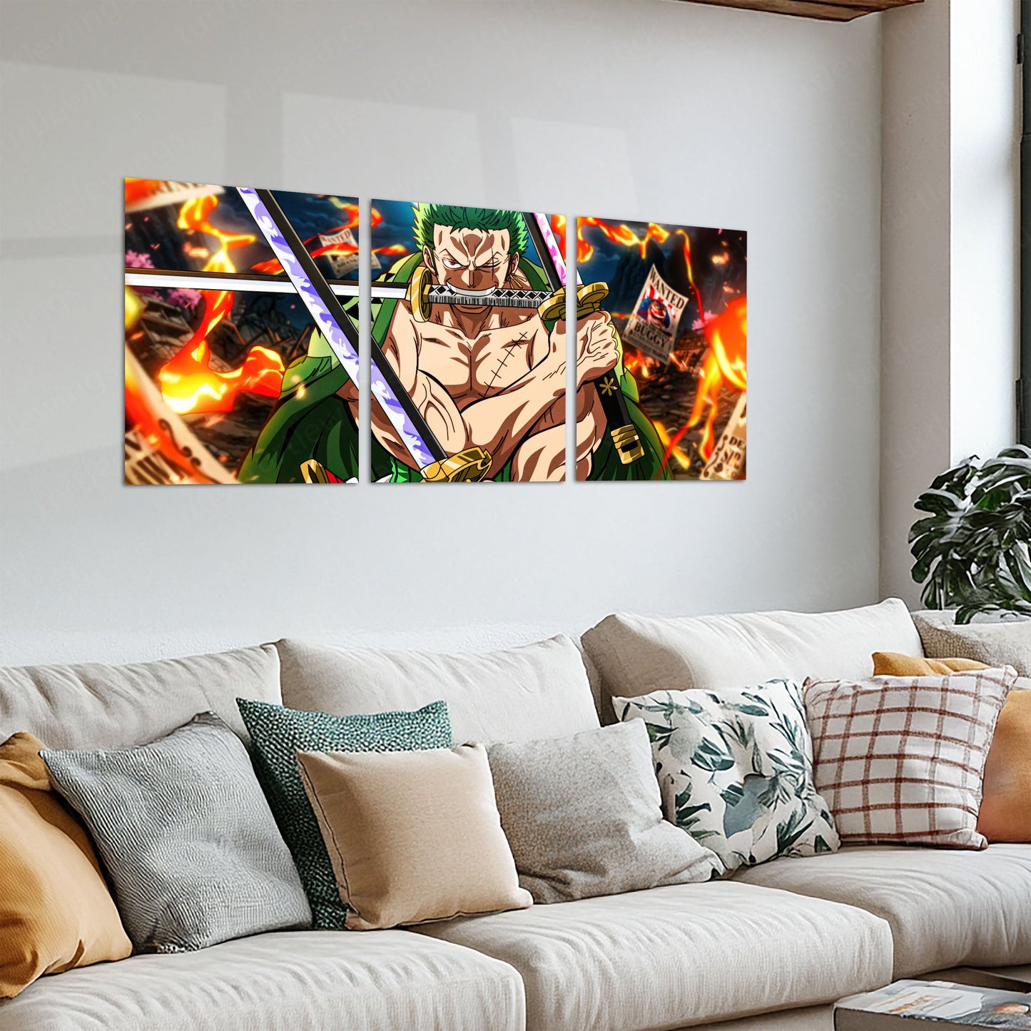 Anime Metal Poster Set of 3 | Roronoa Zoro Three Sword Style One Piece Triptych Wall Art