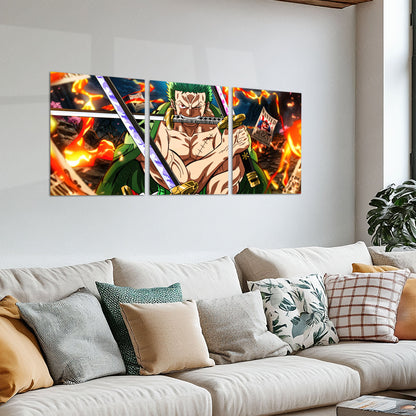 Anime Metal Poster Set of 3 | Roronoa Zoro Three Sword Style One Piece Triptych Wall Art