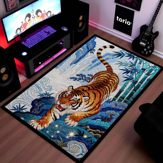 Running Tiger Art Area Flat Rug | Japanese Style Tiger Floor Mat | Aesthetic Animal Flat Rug for Bedroom, Living Room & Gaming Setup Decor