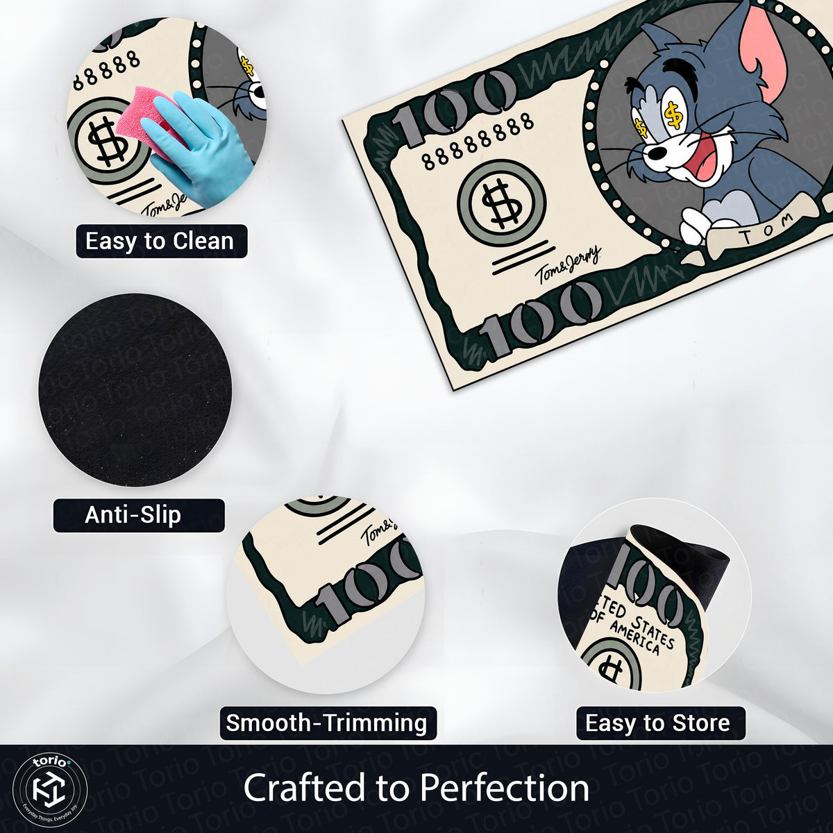 Tom Cat Money Note Flat Rug | Tom and Jerry Cartoon Dollar Bill Inspired Bedroom Flat Rug for Gaming Room & Cartoon Decor