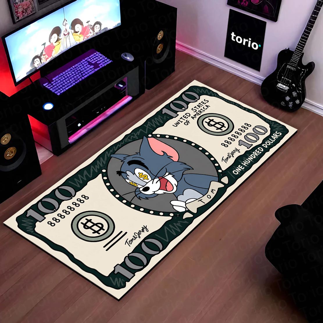 Tom Cat Money Note Flat Rug | Tom and Jerry Cartoon Dollar Bill Inspired Bedroom Flat Rug for Gaming Room & Cartoon Decor