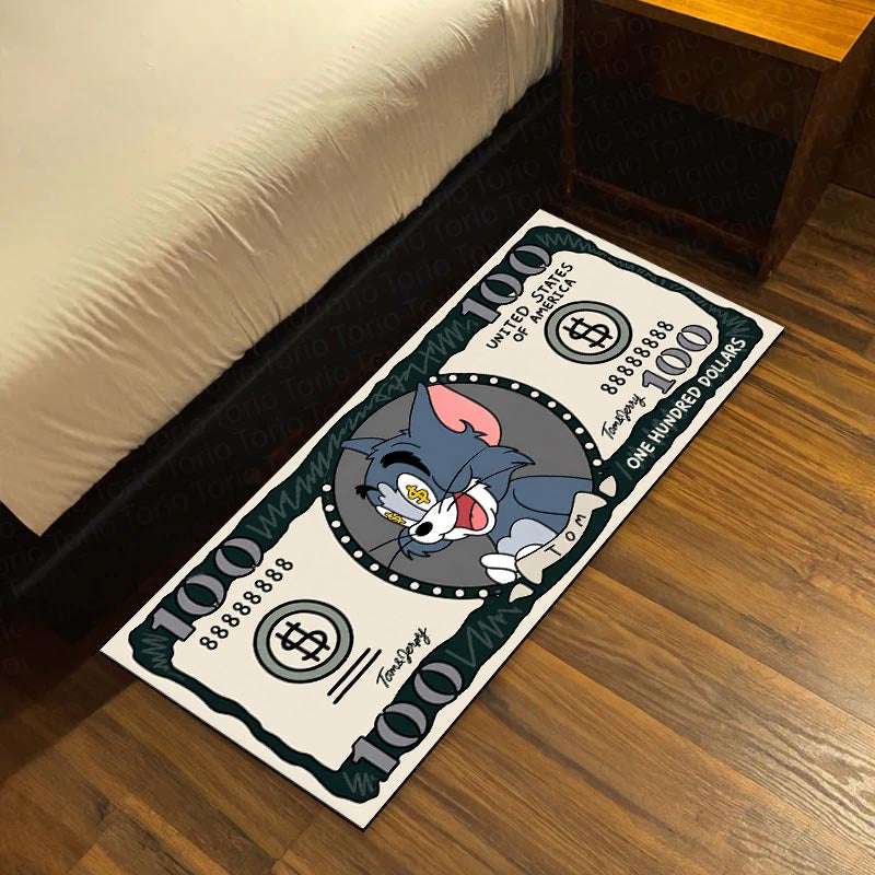 Tom Cat Money Note Flat Rug | Tom and Jerry Cartoon Dollar Bill Inspired Bedroom Flat Rug for Gaming Room & Cartoon Decor